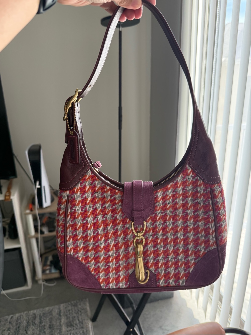 Coach Multicolor Houndstooth Shoulder Bag with Plum Leather Trim